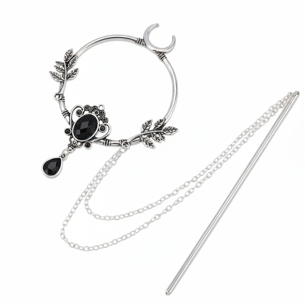 NWT Silver Moon Hair Pin Set w/ Black Accents And Chain
